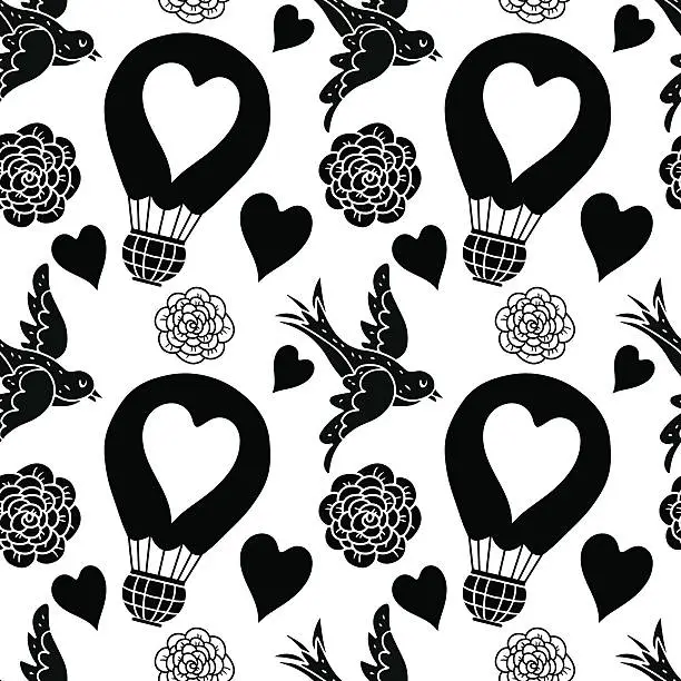 Vector illustration of Hearts, birds, flowers, hot air balloons seamless pattern