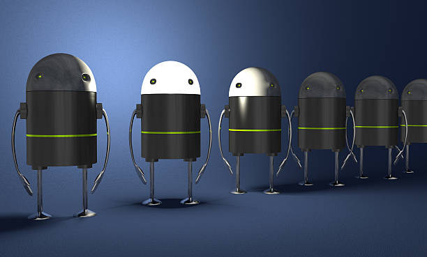 istock Row of robots, one with glowing head, perspective 509612575