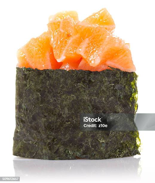 Salmon Sushi Gunkan Isolated On White Background Stock Photo - Download Image Now - Appetizer, Asia, Close-up