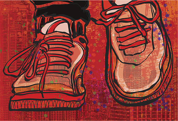 ilustraciones, imágenes clip art, dibujos animados e iconos de stock de básquetbol zapatos sobre un fondo grunge de la ciudad - illustration and painting pencil drawing image sports shoe