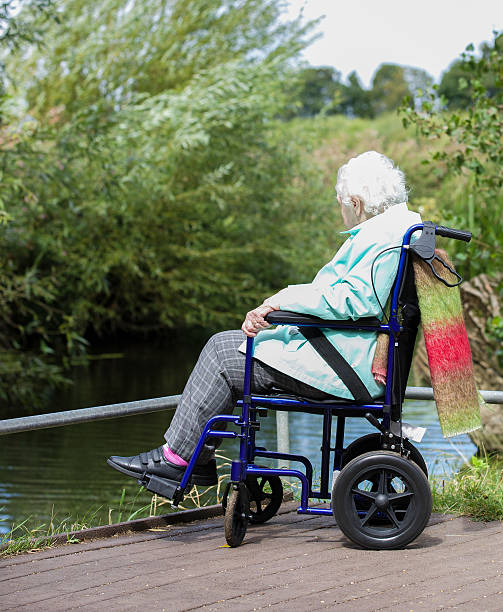 istock Wheelchair bound woman next to river on disabled access platform 509614053