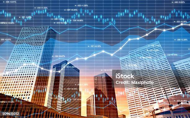 Business District Stock Market And Finance Data On City Background Stock Photo - Download Image Now