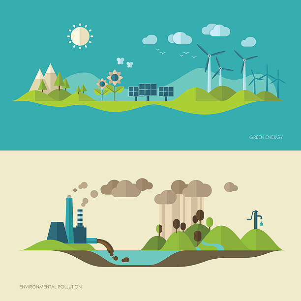 ilustraciones, imágenes clip art, dibujos animados e iconos de stock de ecología y medio ambiente, la energía ecológica y la contaminación concepto de ilustración - power station factory industry pollution