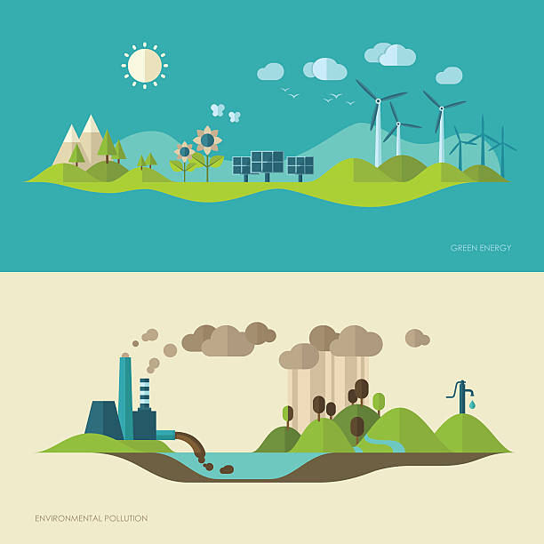 illustrazioni stock, clip art, cartoni animati e icone di tendenza di ecologia, ambiente e verde energia concetto di inquinamento illustrazioni - pale eoliche