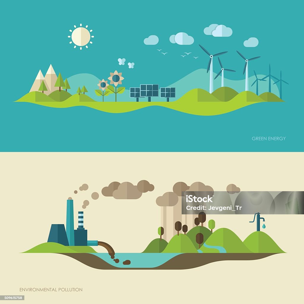 Ecology, environment, green energy and pollution concept illustrations Flat design vector concept illustration with icons of ecology, environment, green energy and pollution Wind Turbine stock vector