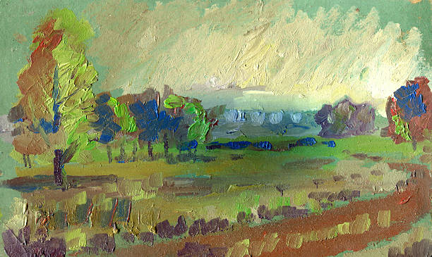 istock landscape with meadow and wood painting 509616378