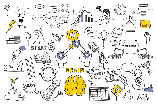 Hand draw doodles vector illustration set in concept of brain, thinking, business solution, method, strategy, object, opportunity, success, idea. Sketching or drawing style.