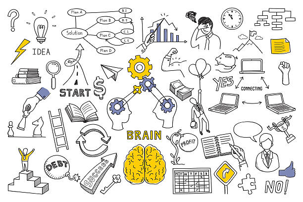 Business concept in doodle style Hand draw doodles vector illustration set in concept of brain, thinking, business solution, method, strategy, object, opportunity, success, idea. Sketching or drawing style. computer chess stock illustrations
