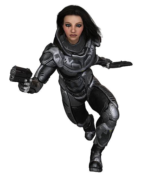 istock Future Soldier, Female Brunette, Running Forward - science fiction illustration 509617770