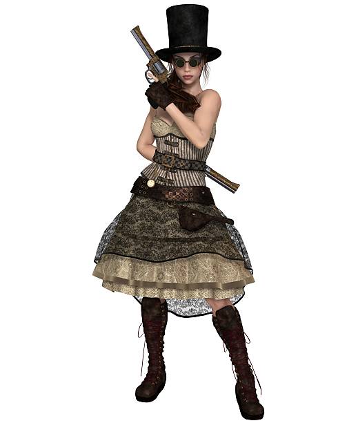 steampunk donna con cappello a cilindro diritto e revolvers-fantasy illustrazione - fashion gothic style lace women foto e immagini stock