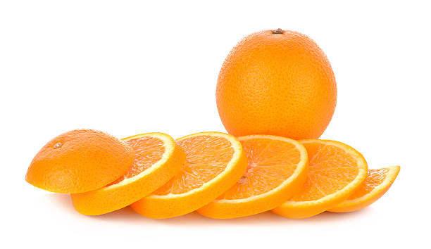 istock Sliced orange fruit isolated on white background 509618222
