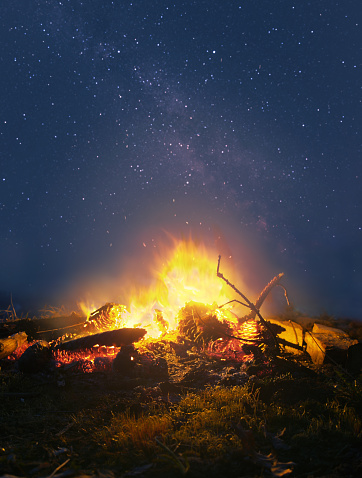 Bright campfire against the starry night sky