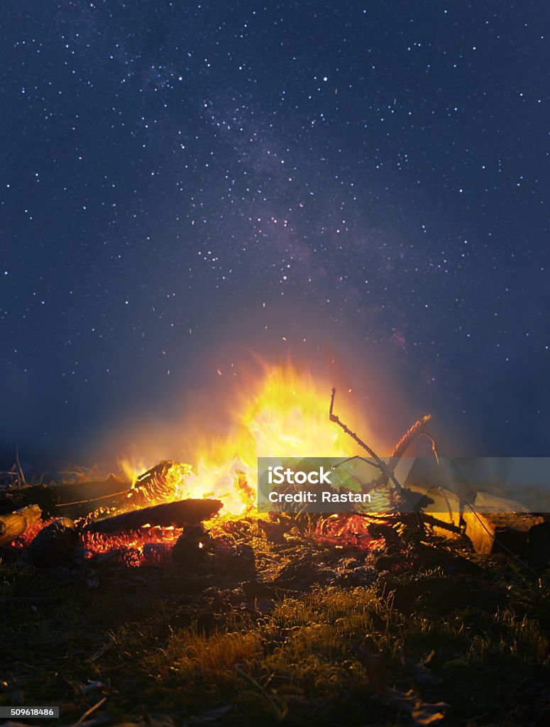 Campfire in the night Bright campfire against the starry night sky Campfire Stock Photo