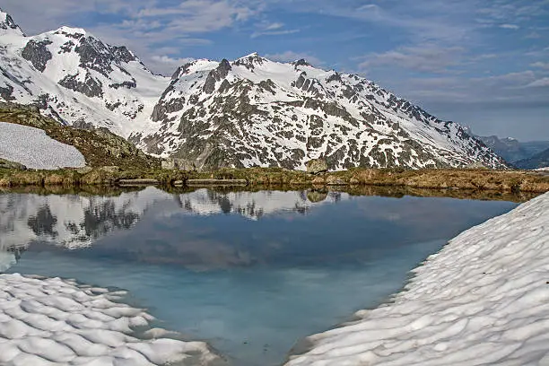 Winter end - Small idyllic mountain lake at the apex of the Susten Pass