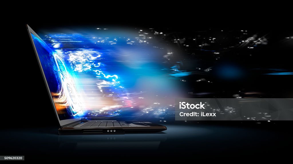 Internet security. Information flow leaving laptop through the screen Authority Stock Photo