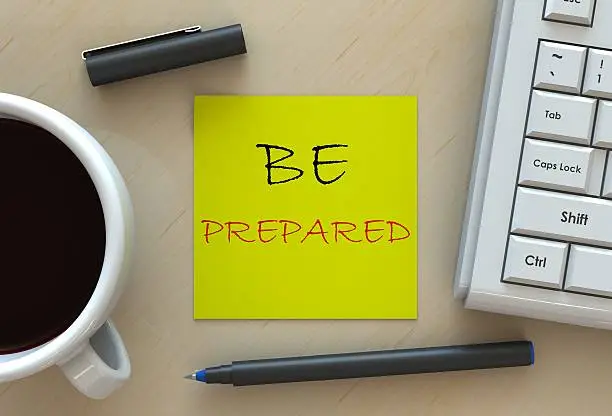 Photo of BE PREPARED, message on business note paper