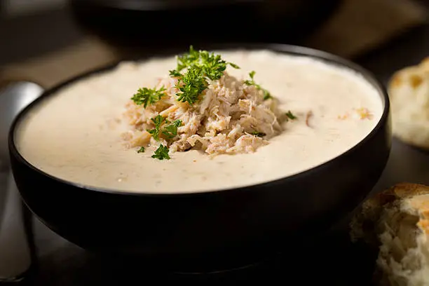 She-Crab Soup a South Carolina dish.  The soup is a cream based soup with sherry wine and blue crab meat topped with more crab meat and parsley.  Please see my portfolio for other food and drink images. 