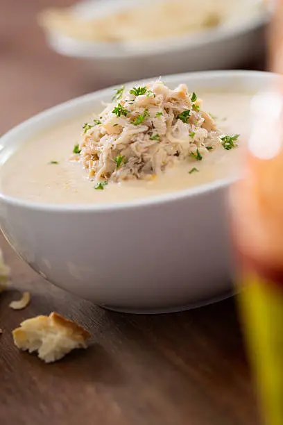 She-Crab Soup a South Carolina dish.  The soup is a cream based soup with sherry wine and blue crab meat topped with more crab meat and parsley.  Please see my portfolio for other food and drink images. 