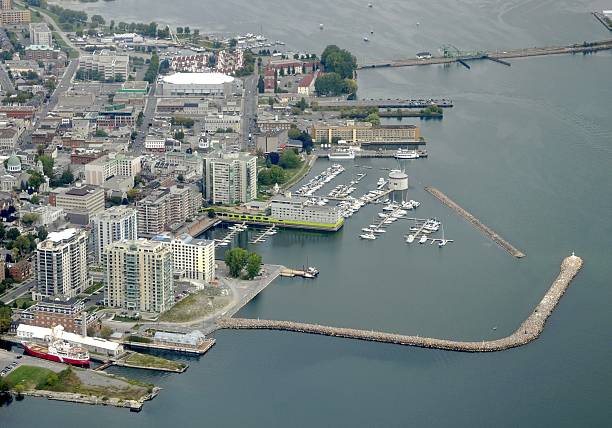 Kingston, ON aerial aerial view of downtown Kingston Ontario, vew along the water front Battery Park, Ontario Canada kingston harbour stock pictures, royalty-free photos & images
