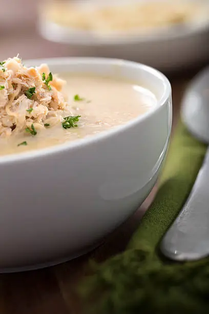 She-Crab Soup a South Carolina dish.  The soup is a cream based soup with sherry wine and blue crab meat topped with more crab meat and parsley.  Please see my portfolio for other food and drink images. 