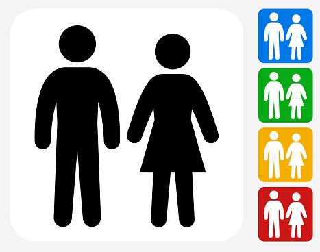 Couple Icon. This 100% royalty free vector illustration features the main icon pictured in black inside a white square. The alternative color options in blue, green, yellow and red are on the right of the icon and are arranged in a vertical column.