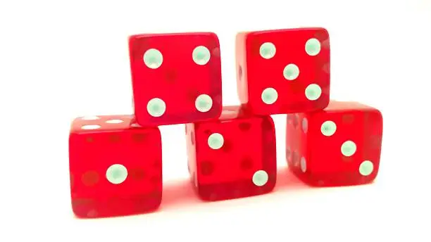 Five Red Dice on White Background
