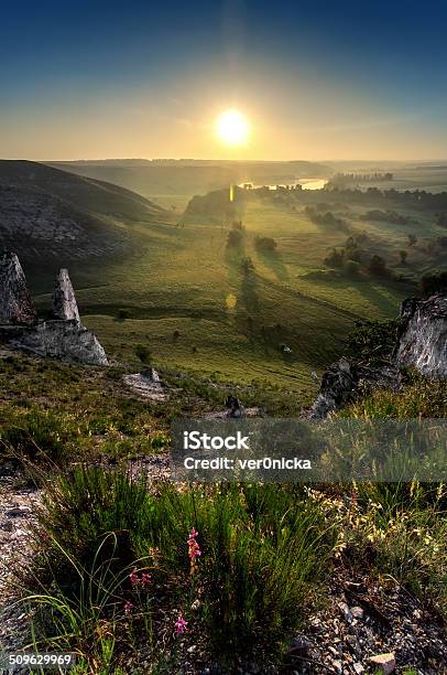 Summer Landscape On Sunrise With Chalk Mountain Flowers And Sun Stock Photo - Download Image Now