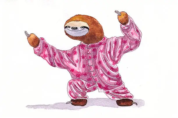 Funny sloth practicing qigong. Watercolor illustration