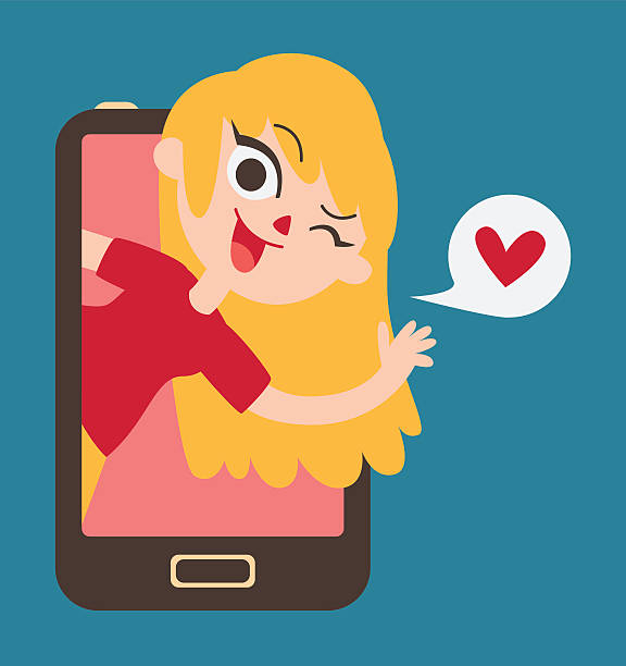 Cute Lover Girl Showing on Phone Screen Vector illustration of a cartoon girl blinking, showing up on a cell phone screen, waving, next to a balloon with a heart inside. global girlfriend stock illustrations