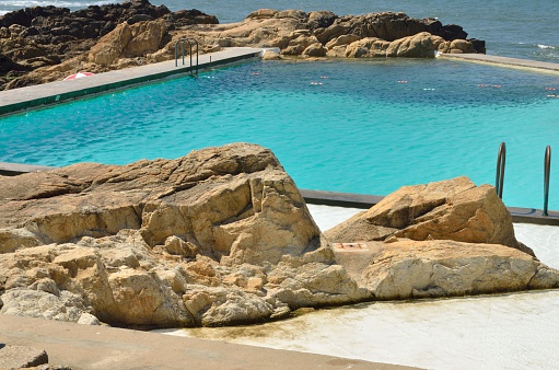 Matosinhos, Portugal - August 8, 2015: Natural swimming pools on the beach of Leca da Palmeira which is located north of the city of Matosinhos, in the district of Porto, Portugal. .