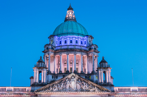 Dome of Belfast City Hall taken in dusk blue hour.