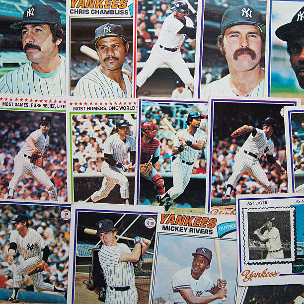 Old Baseball Cards Woodbridge, New Jersey USA - February 18, 2014: A pile of vintage baseball cards from the 1970s New York Yankees major league baseball stock pictures, royalty-free photos & images