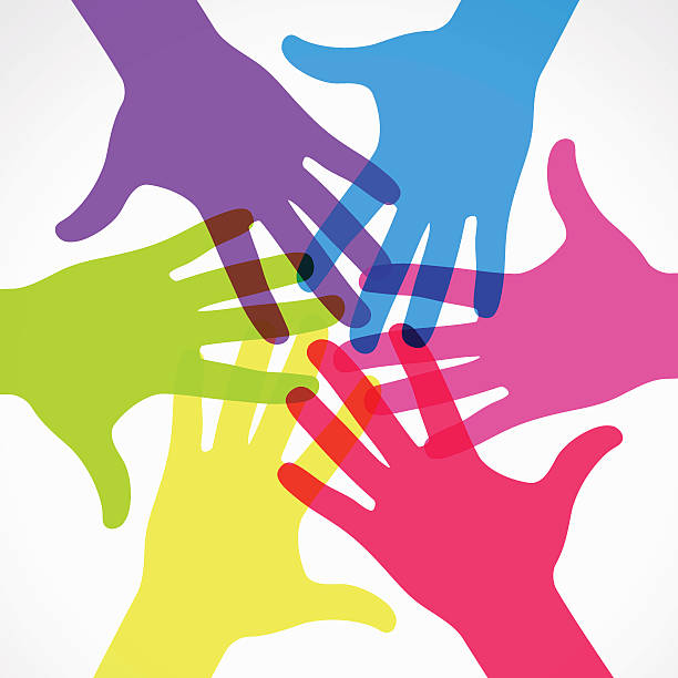Group of colored raised hands. Colorful raised hands. The concept of diversity. Group of hands. Giving concept. This work - eps10 vector file, contain transparent elements. connection silhouettes stock illustrations