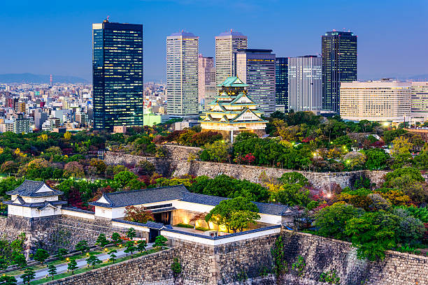 Osaka, Japan Skyline Osaka, Japan - November 20, 2015: Overlooking Osaka Castle Park at dusk. The castle dates from 1583 and the most recent reconstruction was completed in 1997. osaka castle stock pictures, royalty-free photos & images