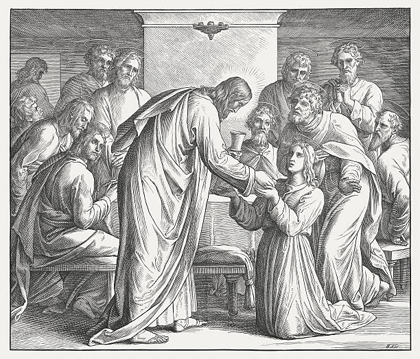 jesus at the last supper (matius 26, 26-28), diterbitkan 1860 - maundy-thursday ilustrasi stok