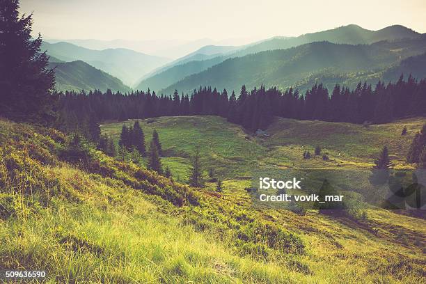 Misty Summer Mountain Hills Landscape Stock Photo - Download Image Now - Old-fashioned, Landscape - Scenery, Mountain