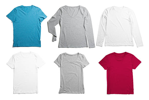 Choose one... or take it all! 6 different laying-down t-shirts isolated on white. All of those have natural shadow behind. Easy to change color for any of those in photoshop. white long sleeve shirt stock pictures, royalty-free photos & images