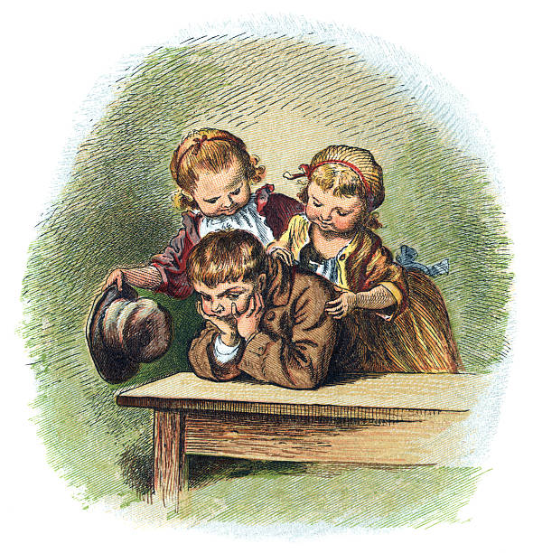 Two little Victorian girls and their sulky brother Two little 19th century girls teasing their brother, who is obviously upset and sulking. They appear to be trying to get him to put on a hat. From “Schnick Schnack - Trifles for Little Ones” published by George Routledge & Sons, London, 1867. facepalm funny stock illustrations