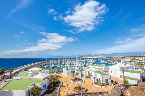 Elevated view over the new yacht harbour Marina Rubicon and Playa Blanca on Lanzarote