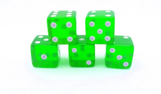 Five Bright Green Dice on White Background