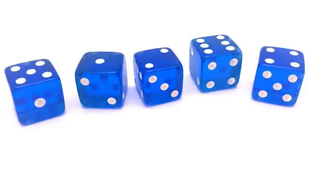 Five Blue Dice on White Background