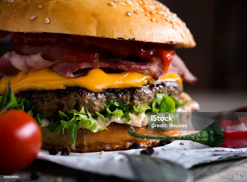 Delicious hamburger Closeup of Homemade Hamburger Burger Stock Photo