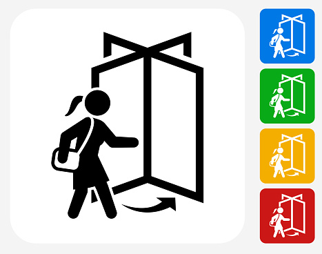 Going to Work Icon. This 100% royalty free vector illustration features the main icon pictured in black inside a white square. The alternative color options in blue, green, yellow and red are on the right of the icon and are arranged in a vertical column.