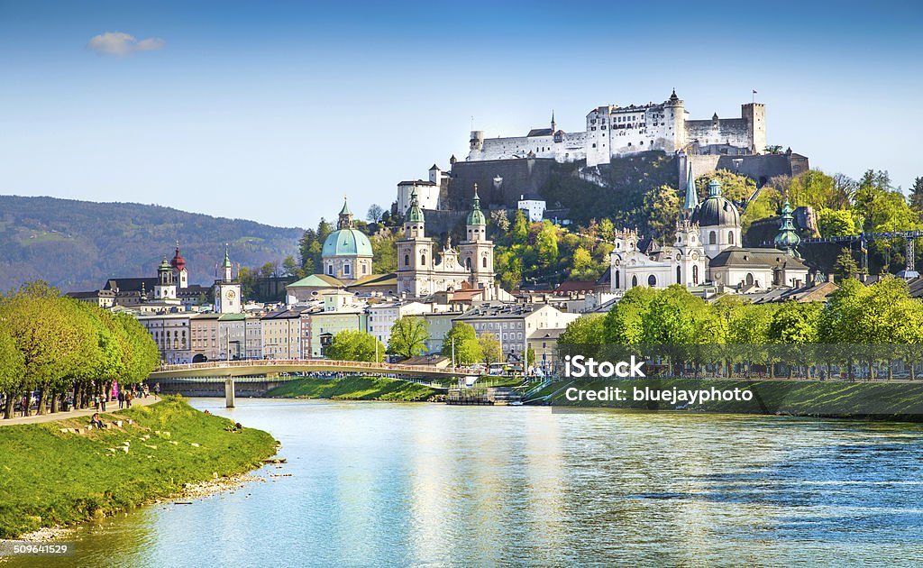 Historic town of Salzburg with Salzach river in summer, Austria Beautiful view of Salzburg skyline with Festung Hohensalzburg and Salzach river in summer, Salzburg, Salzburger Land, Austria. Salzburg Stock Photo