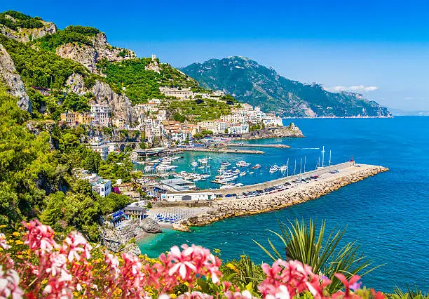 Scenic picture-postcard view of famous Amalfi Coast with beautiful Gulf of Salerno, Campania, Italy.