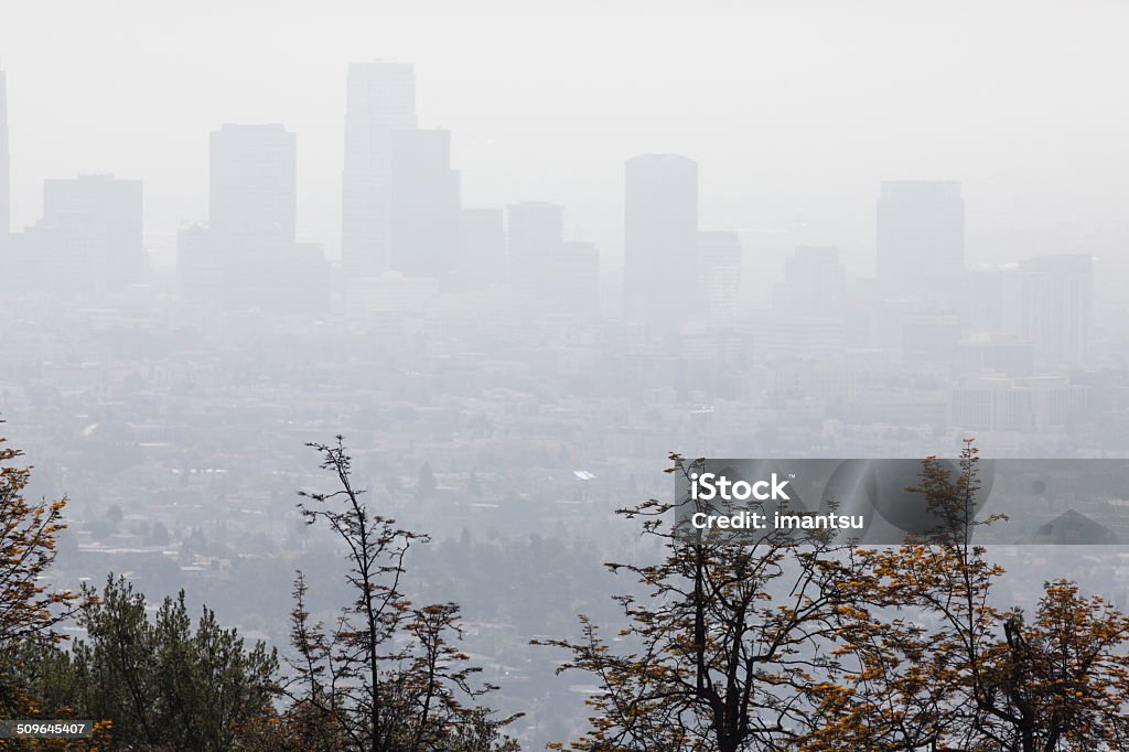 Smoggy aerial view  to downtown Los Angeles. Smoggy aerial view from the Hollywood Hills to downtown Los Angeles. Aerial View Stock Photo