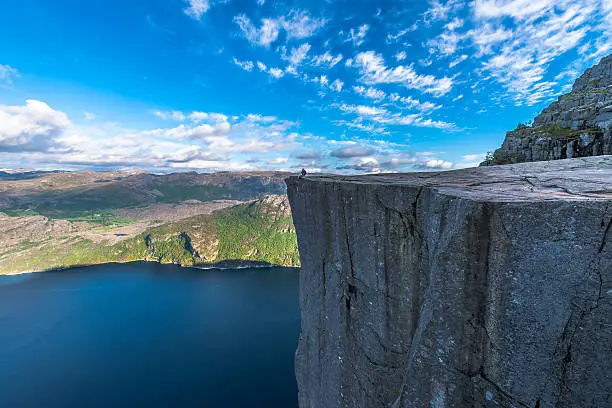 Photo of Tourist sitting at Famous Pulpit Rock edge in Norway