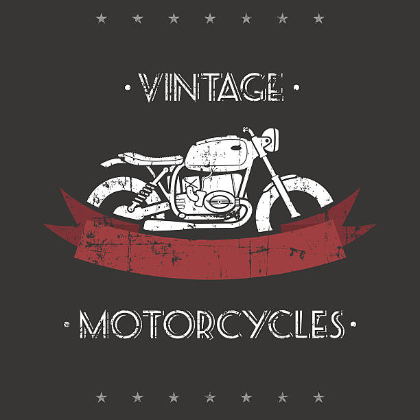 Retro motorcycle Flat looking grunge emblem with classic motorcycle and red ribbon cafe racer stock illustrations