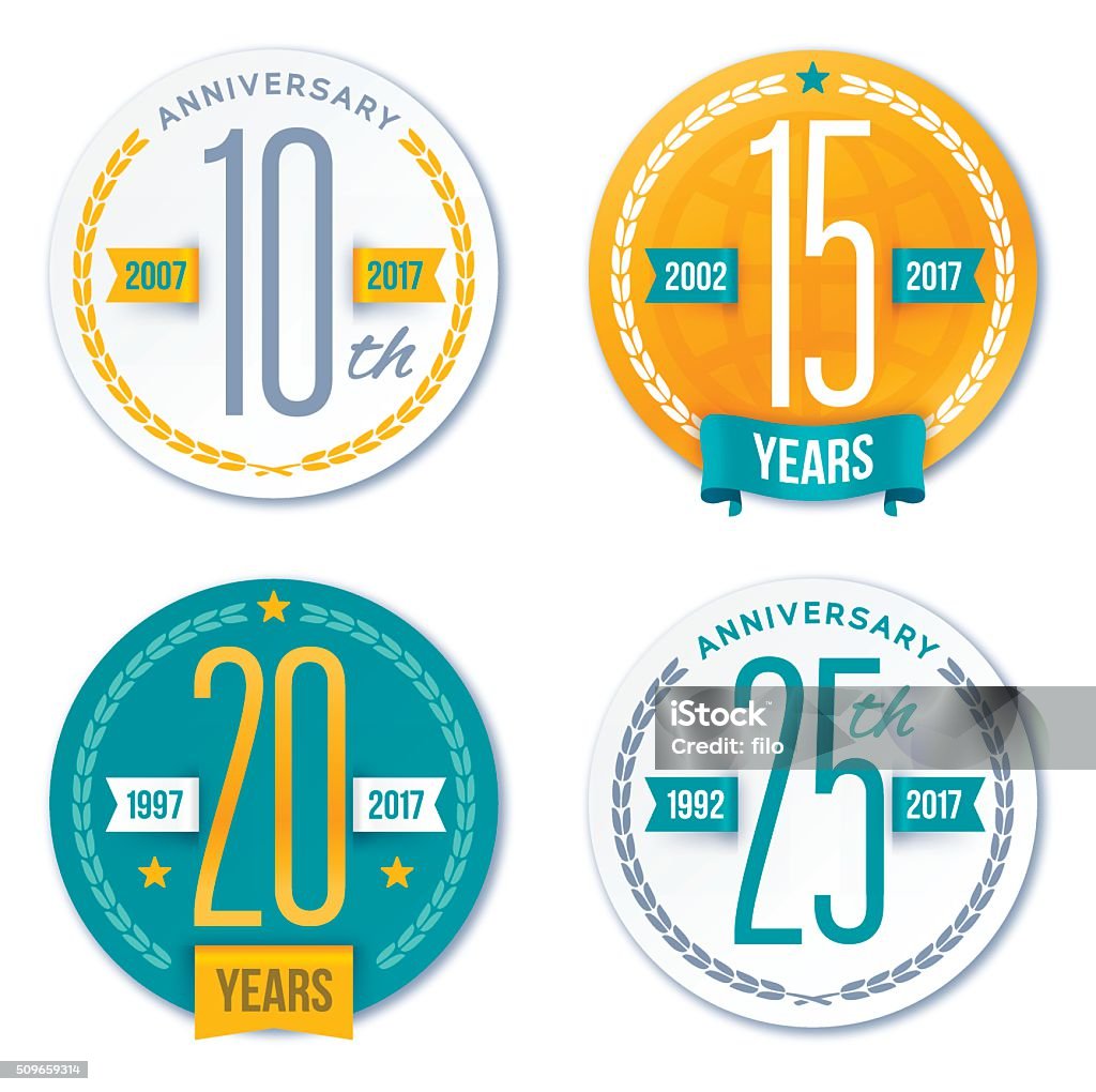 Annivesary Badge Symbols and Decorative Design Elements Anniversary badge symbols and design elements. Includes badges for 10, 15, 20 and 25 year annivesaries. EPS 10 file. Transparency effects used on highlight elements. Anniversary stock vector