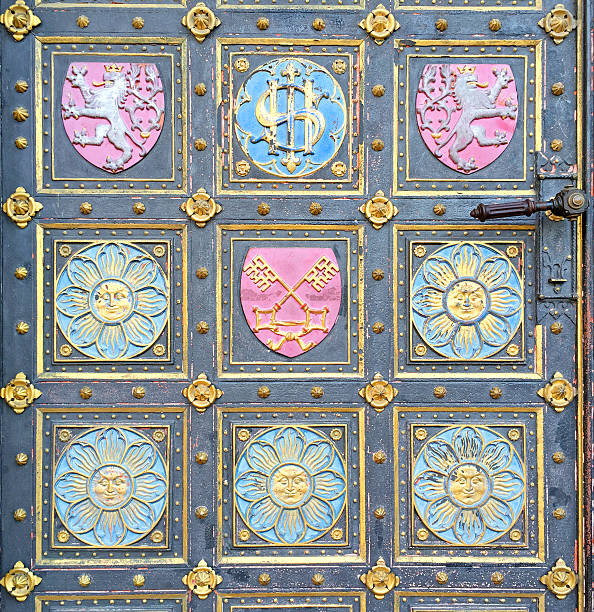 Pattern door of catholic basilica in Prague. Basilica of St Peter and St Paul. Visegrad. Prague, Czech Republic.